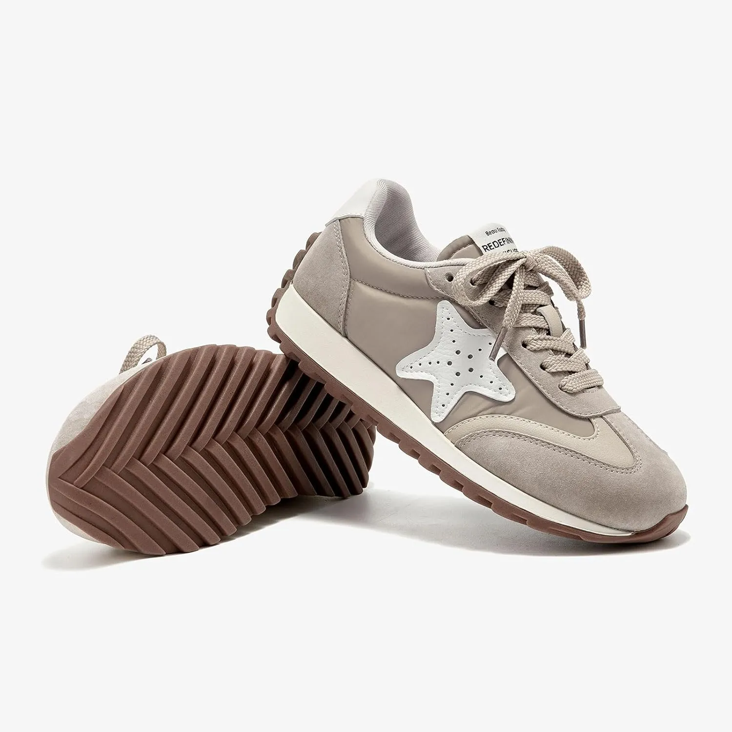 BEAU TODAY Women’s Flat Sneakers, Retro Comfortable Lace-up Fashion Sneakers for Women, Buckle Decoration Casual Leather Walking Shoes