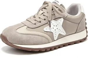 BEAU TODAY Women’s Flat Sneakers, Retro Comfortable Lace-up Fashion Sneakers for Women, Buckle Decoration Casual Leather Walking Shoes