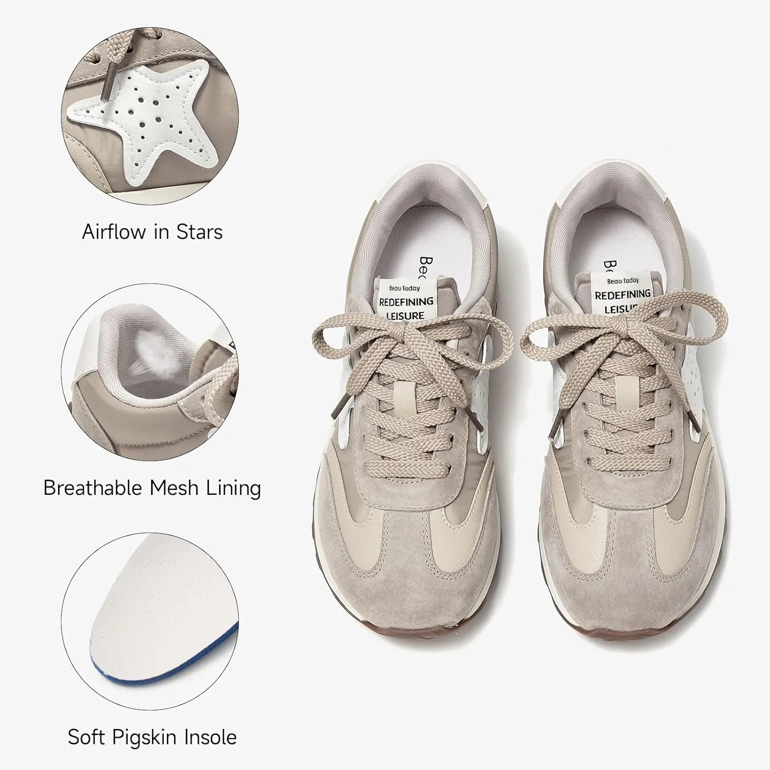 BEAU TODAY Women’s Flat Sneakers, Retro Comfortable Lace-up Fashion Sneakers for Women, Buckle Decoration Casual Leather Walking Shoes