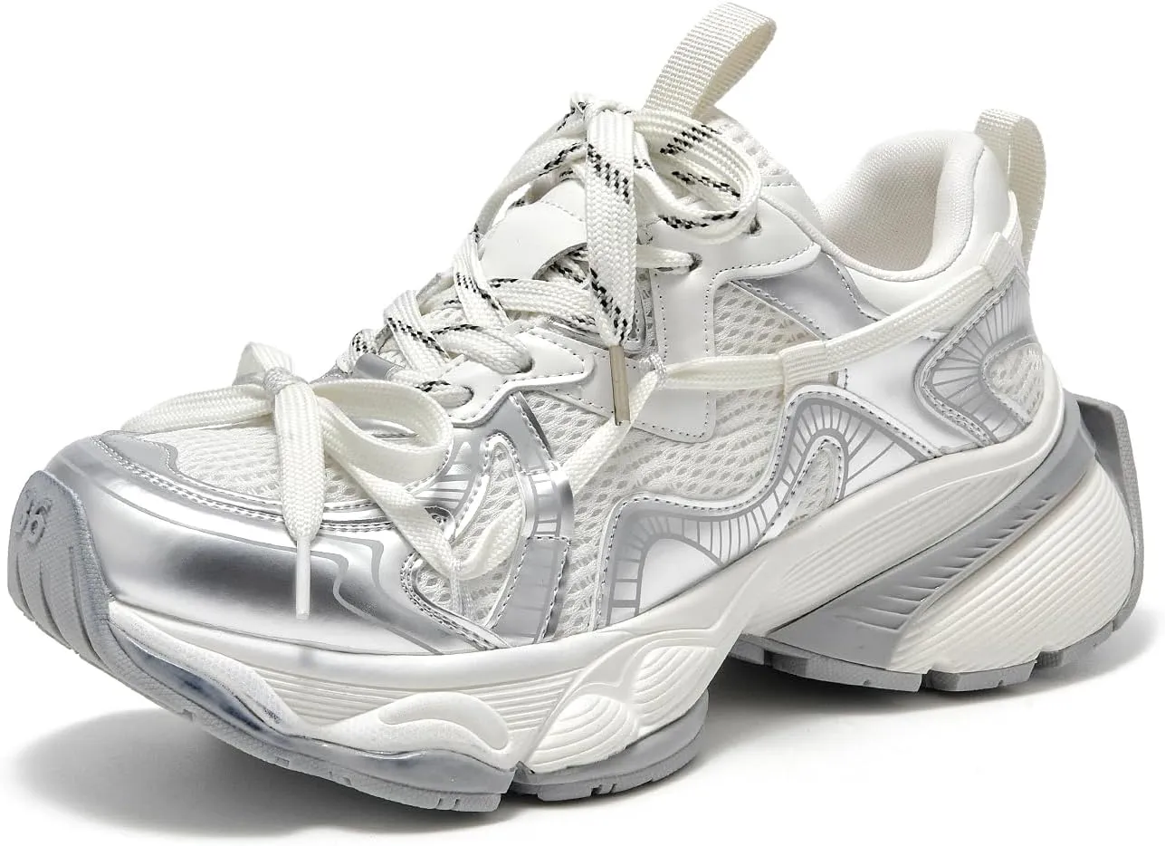 BEAU TODAY Womens Running Shoes, Chunky Fashion Sneakers for Women, Leather Walking Dad Shoes Platform Casual Dress Comfortable Non-Slip Lace-up Mesh Gym Shoes