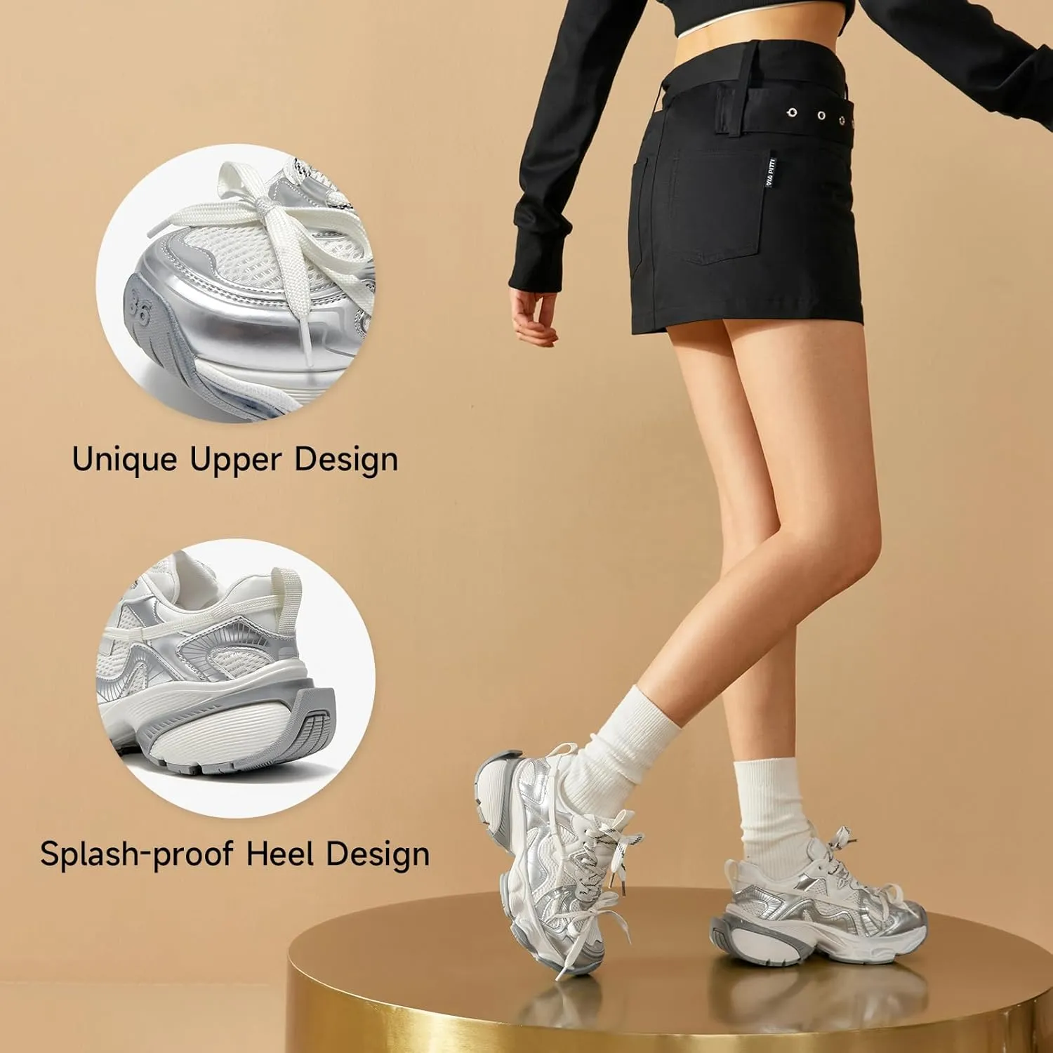 BEAU TODAY Womens Running Shoes, Chunky Fashion Sneakers for Women, Leather Walking Dad Shoes Platform Casual Dress Comfortable Non-Slip Lace-up Mesh Gym Shoes