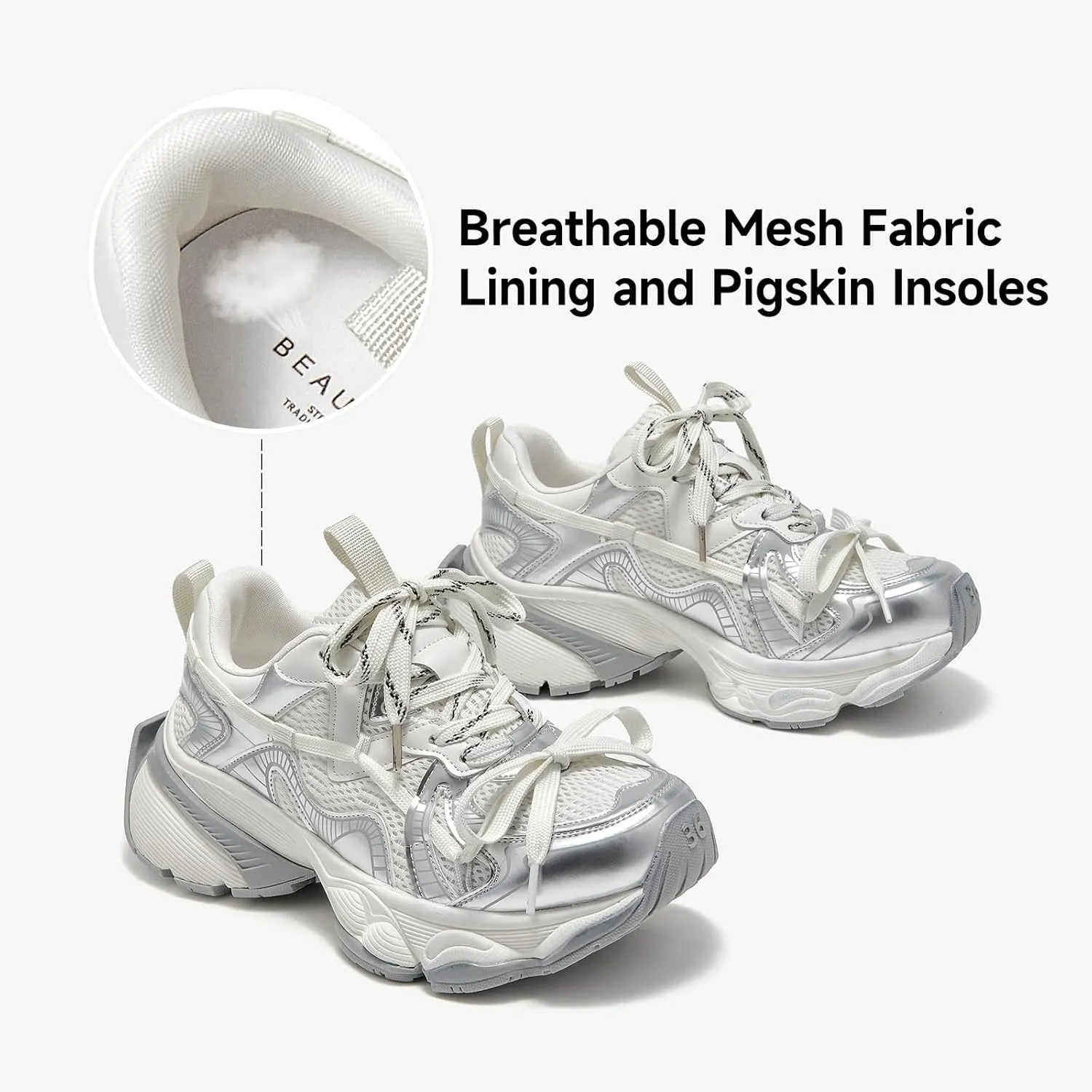 BEAU TODAY Womens Running Shoes, Chunky Fashion Sneakers for Women, Leather Walking Dad Shoes Platform Casual Dress Comfortable Non-Slip Lace-up Mesh Gym Shoes