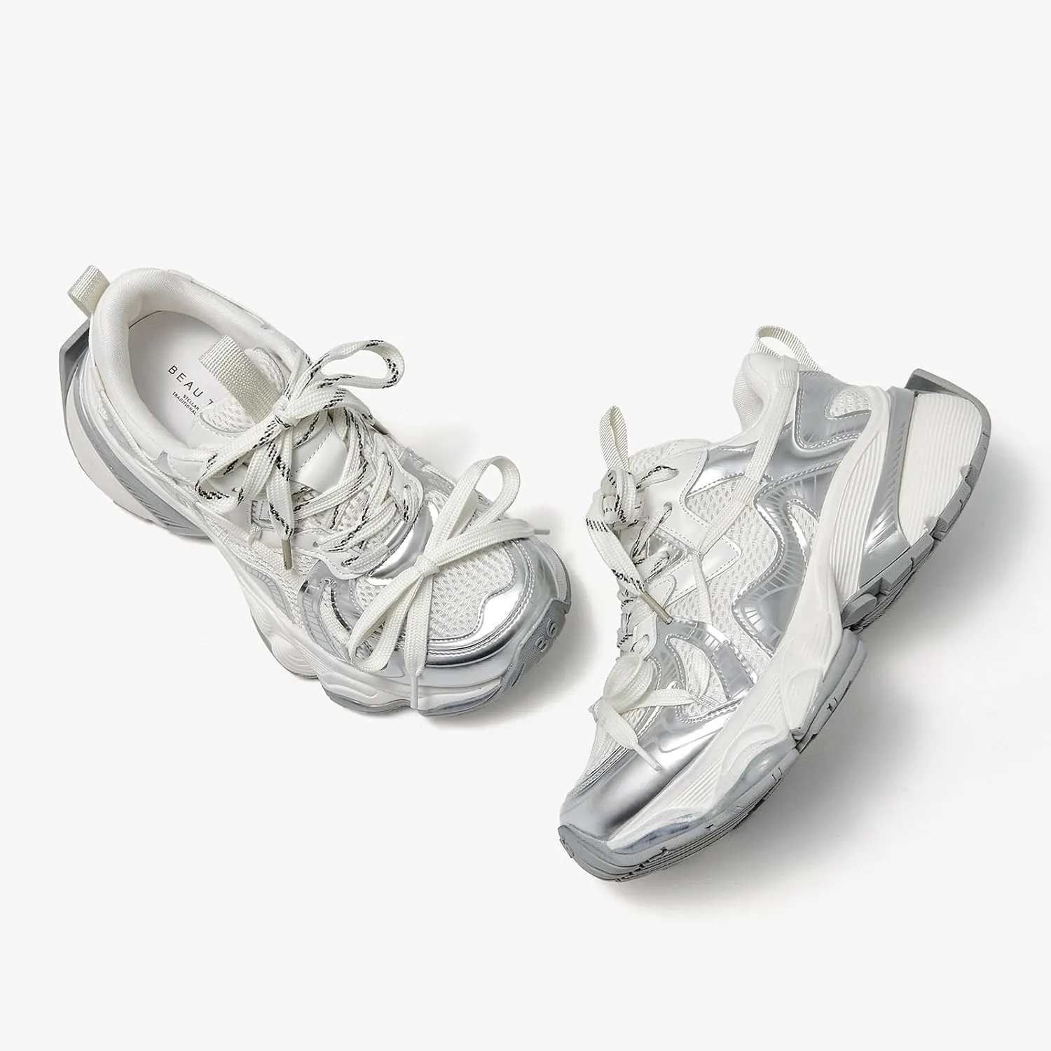 BEAU TODAY Womens Running Shoes, Chunky Fashion Sneakers for Women, Leather Walking Dad Shoes Platform Casual Dress Comfortable Non-Slip Lace-up Mesh Gym Shoes