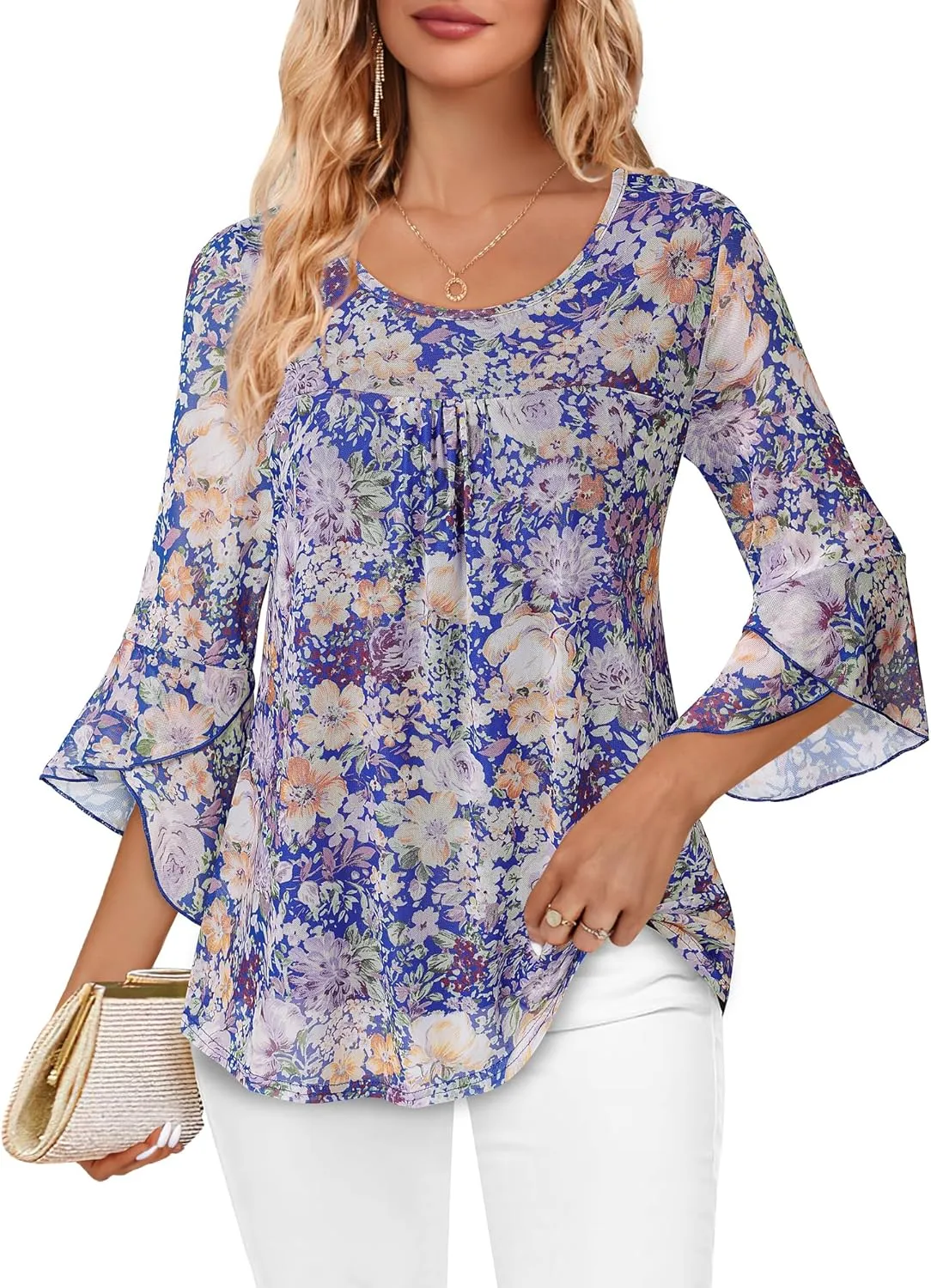 Bebonnie Women's Ruffle 3/4 Sleeve Elegant Dressy Blouses Crew Neck Double Layers Mesh Tunic Tops