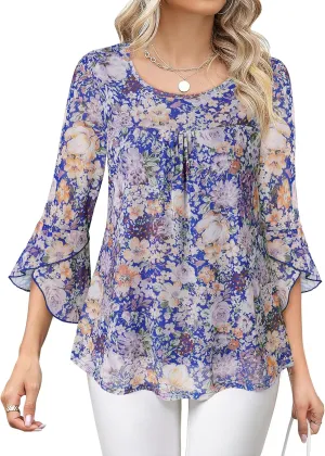 Bebonnie Women's Ruffle 3/4 Sleeve Elegant Dressy Blouses Crew Neck Double Layers Mesh Tunic Tops