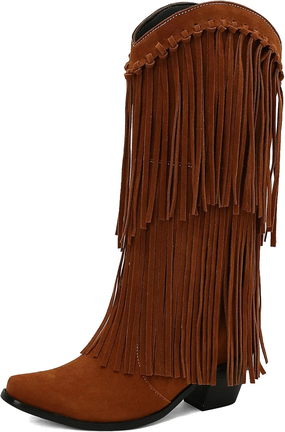 Betastella Women's Fringe Tassel Knee High Cowgirl Boots Vintage Chunky Heel Cowboy Boots Square Toe Pull on Western Boots
