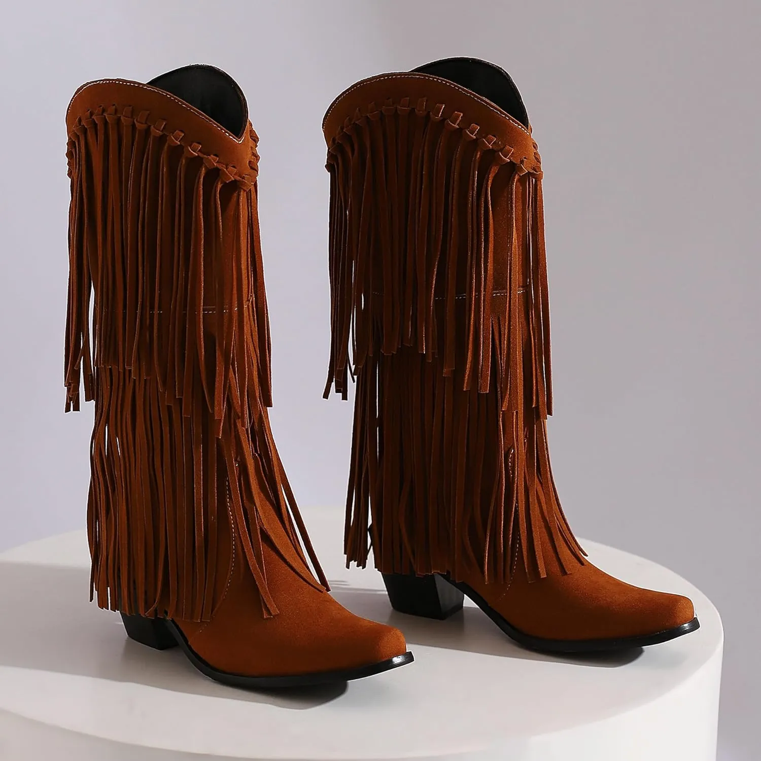 Betastella Women's Fringe Tassel Knee High Cowgirl Boots Vintage Chunky Heel Cowboy Boots Square Toe Pull on Western Boots