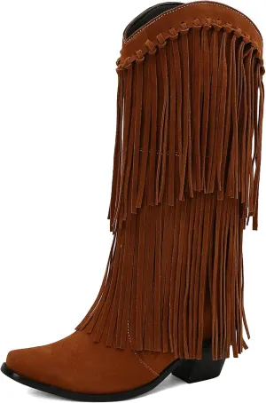 Betastella Women's Fringe Tassel Knee High Cowgirl Boots Vintage Chunky Heel Cowboy Boots Square Toe Pull on Western Boots