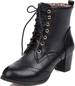 Betastella Women's Lace Up Booties Chunky Heel Ankle Boots Side Zip Short Boots Dress Shoes