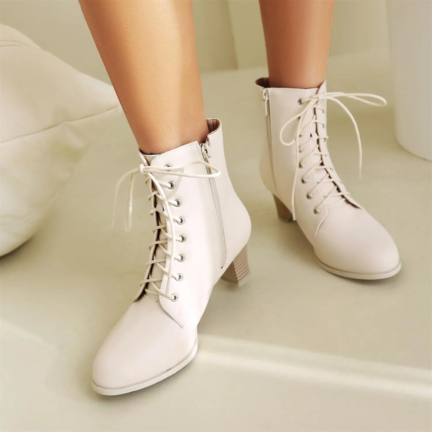 Betastella Women's Lace Up Booties Chunky Heel Ankle Boots Side Zip Short Boots Dress Shoes