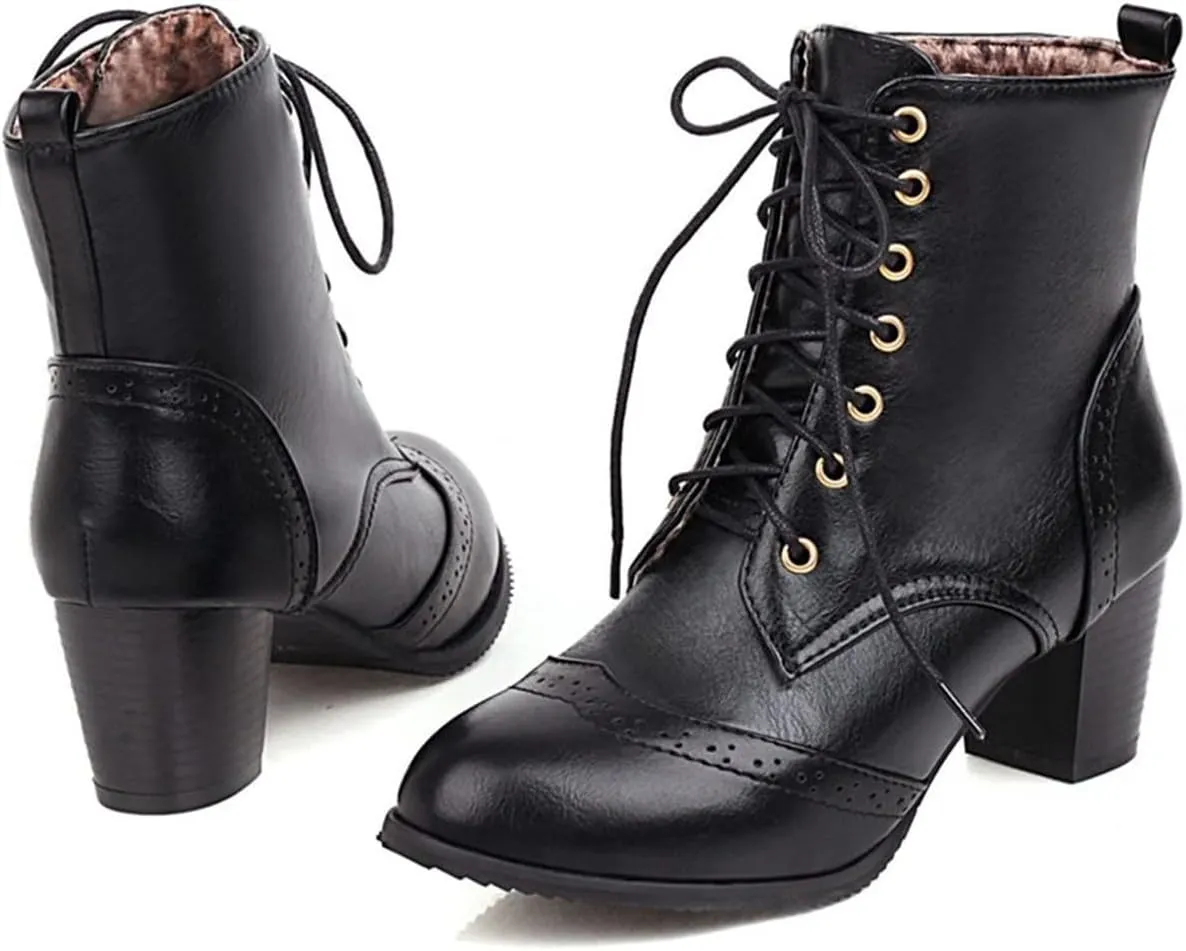 Betastella Women's Lace Up Booties Chunky Heel Ankle Boots Side Zip Short Boots Dress Shoes