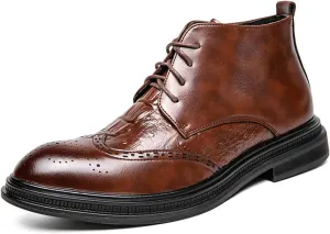 Black Black Wingtip Brogues Pointed Toe Work Boots for Men Classic Lace-up Modern Formal High Top Derby Oxfords Vintage Business Casual Dress Shoes with Zipper