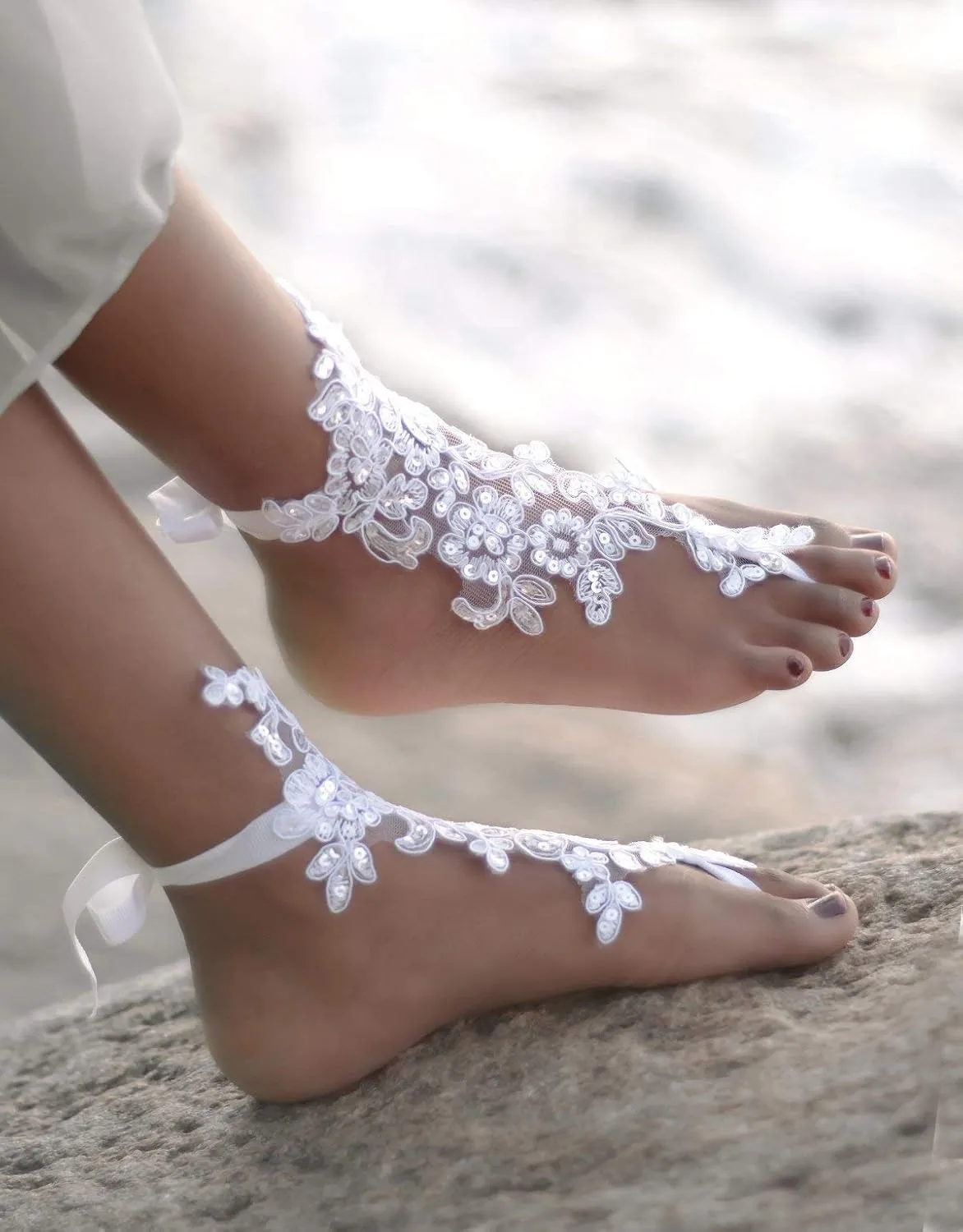 Bridal Lace Boho Barefoot Sandals for Woman, Beach Wedding Foot Jewelry, Wedding Shoes, Footless Sandles, Shoe Alternative for Eloped Weddings (White French Lace)
