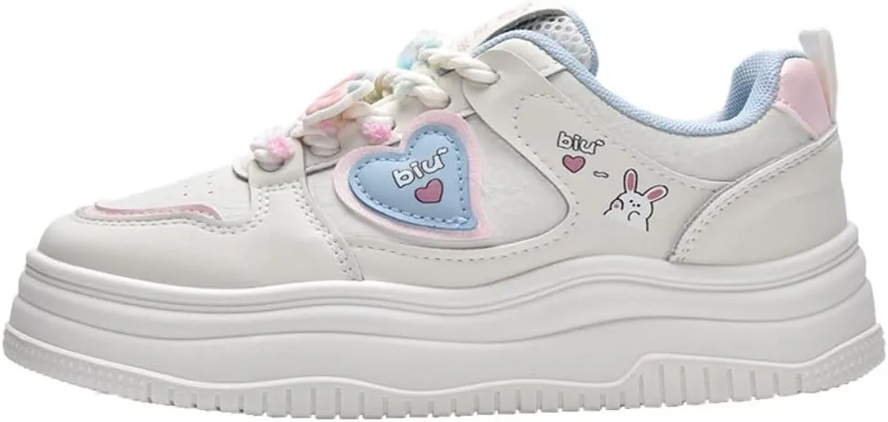 Bunny Heart Lace-Up Chunky Sneakers for Women & Girls - Retro Y2K Platform Cute Shoes with Thick Laces, Perfect for Campus Chic, Beach Travel & Kawaii Streetwear, Comfy Everyday Minimalist
