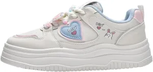 Bunny Heart Lace-Up Chunky Sneakers for Women & Girls - Retro Y2K Platform Cute Shoes with Thick Laces, Perfect for Campus Chic, Beach Travel & Kawaii Streetwear, Comfy Everyday Minimalist
