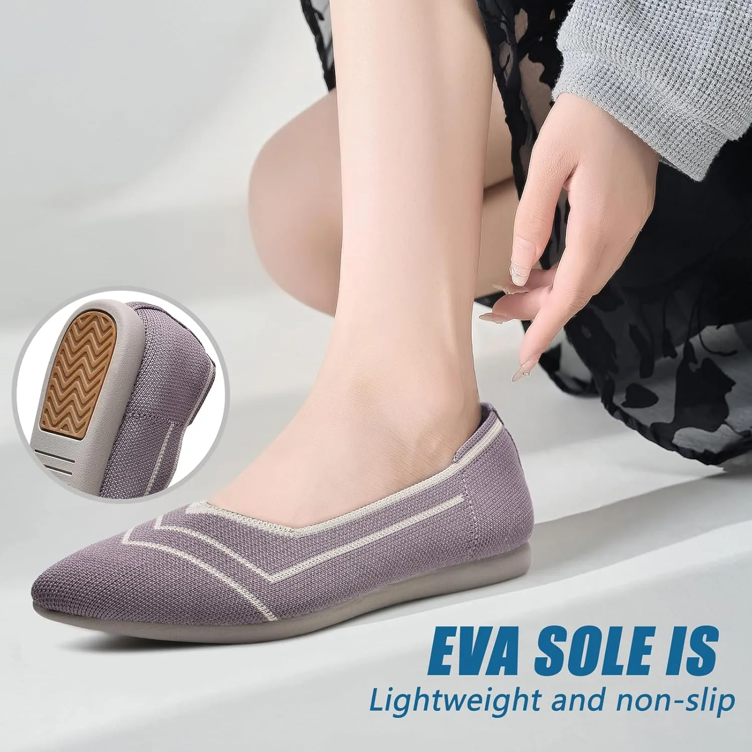 Buyrew Women's Flats Pointed Toe Ballet Shoes Knit Dress Shoes Low Wedge Slip On Arch Support Walking Office Business Flats