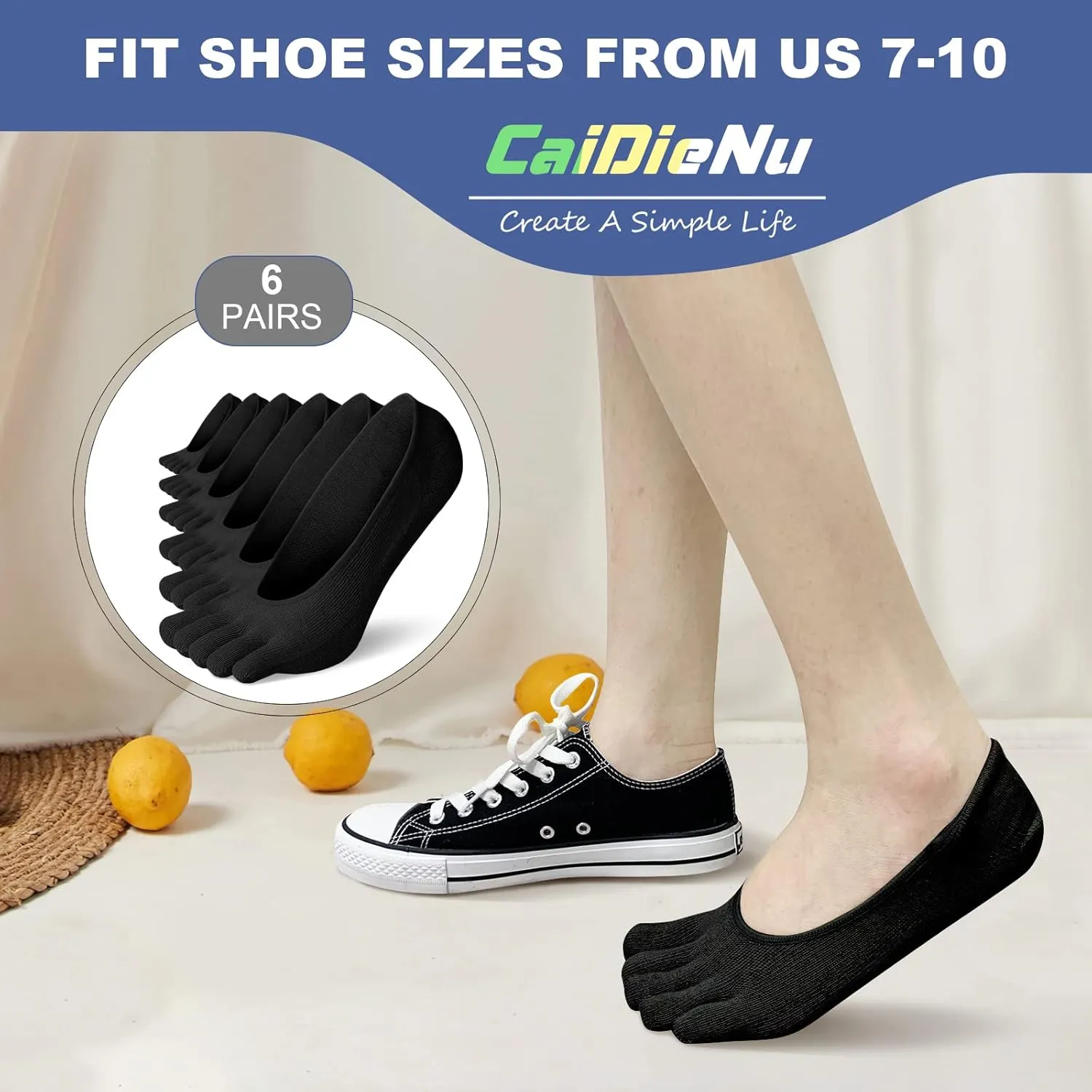 CaiDieNu No Show Toe Socks Women, Low Cut Five Fingers Cotton Running Athletic Invisible Boat Socks, 3/6 Pairs