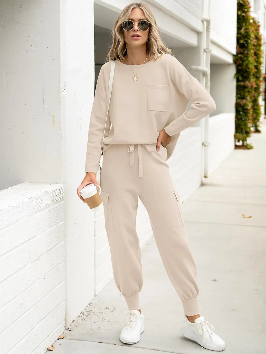 Caracilia Women's Two Piece Outfits Sweater Sets Long Sleeve Knit Tops Matching Cargo Jogger Pants 2024 Fall Lounge Sets