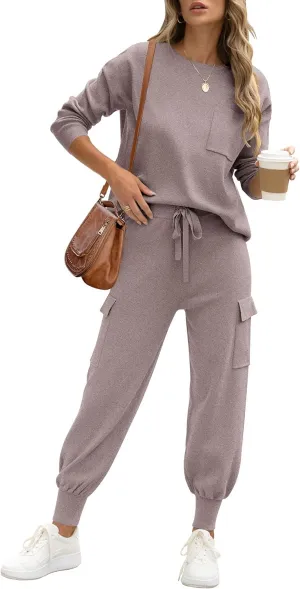 Caracilia Women's Two Piece Outfits Sweater Sets Long Sleeve Knit Tops Matching Cargo Jogger Pants 2024 Fall Lounge Sets