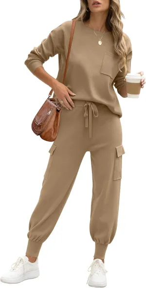 Caracilia Women's Two Piece Outfits Sweater Sets Long Sleeve Knit Tops Matching Cargo Jogger Pants 2024 Fall Lounge Sets