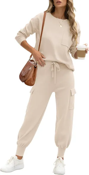 Caracilia Women's Two Piece Outfits Sweater Sets Long Sleeve Knit Tops Matching Cargo Jogger Pants 2024 Fall Lounge Sets