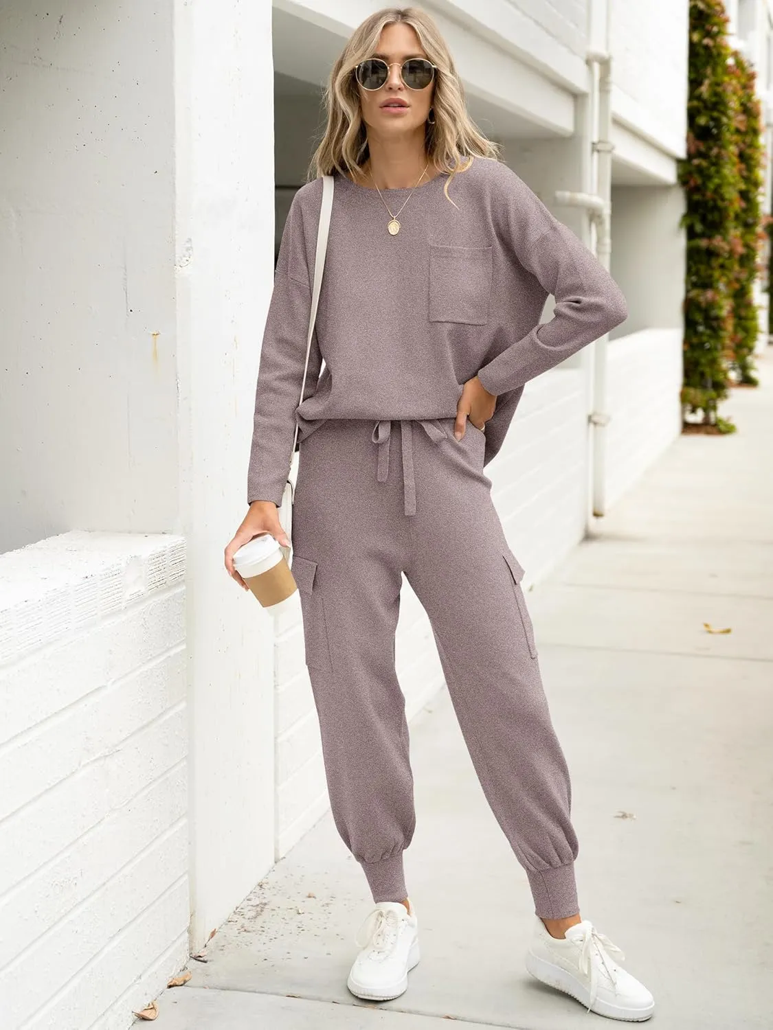 Caracilia Women's Two Piece Outfits Sweater Sets Long Sleeve Knit Tops Matching Cargo Jogger Pants 2024 Fall Lounge Sets