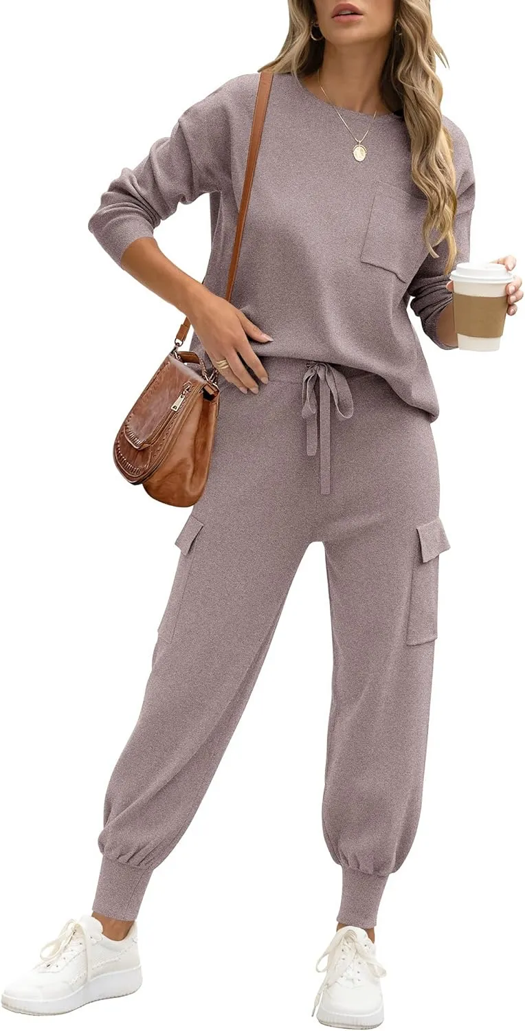 Caracilia Women's Two Piece Outfits Sweater Sets Long Sleeve Knit Tops Matching Cargo Jogger Pants 2024 Fall Lounge Sets