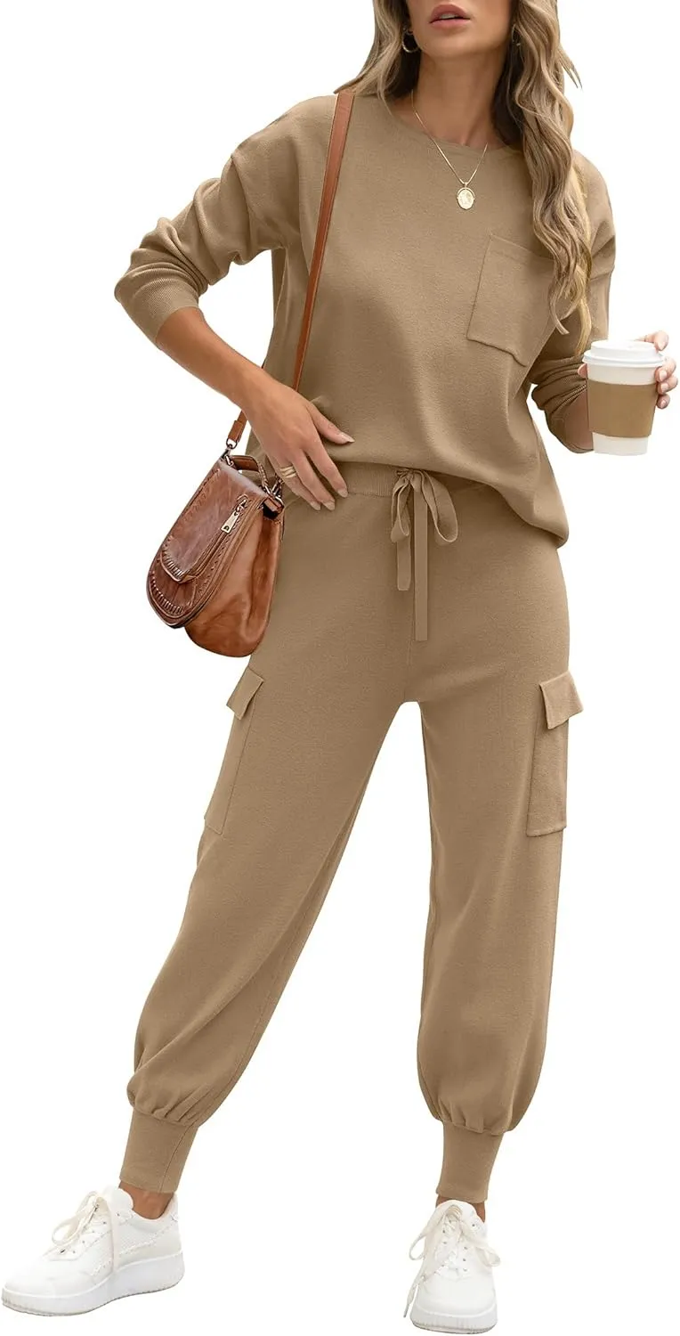 Caracilia Women's Two Piece Outfits Sweater Sets Long Sleeve Knit Tops Matching Cargo Jogger Pants 2024 Fall Lounge Sets
