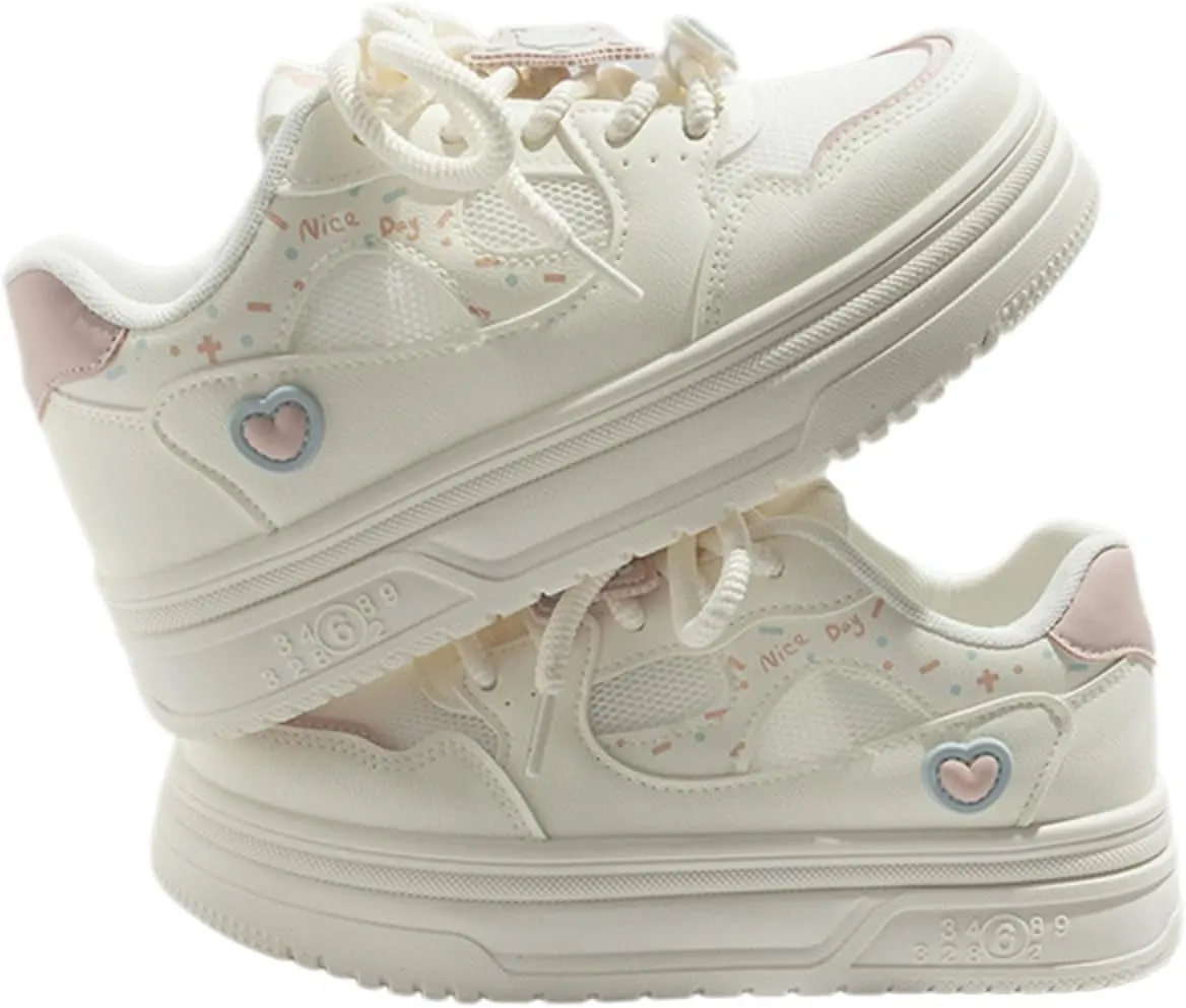 Cat Star & Butterfly Walking Cute Sneakers for Women Platforms Lace-up 1.6" Rubber Thick Sole Height Increase Cute Bread Shoes