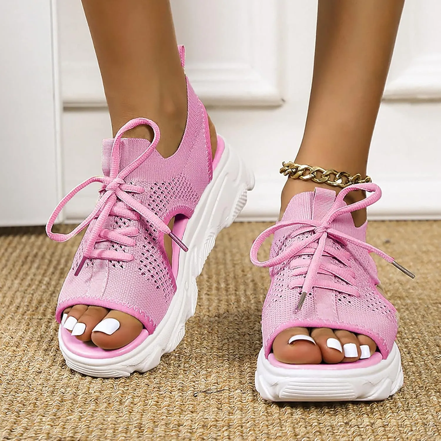 Cathalem Sneaker Sandals for Women Wedges Platform Fish Mouth Sneakers Open Toe Slip on Sandals Lace Up Knit Mesh Walking