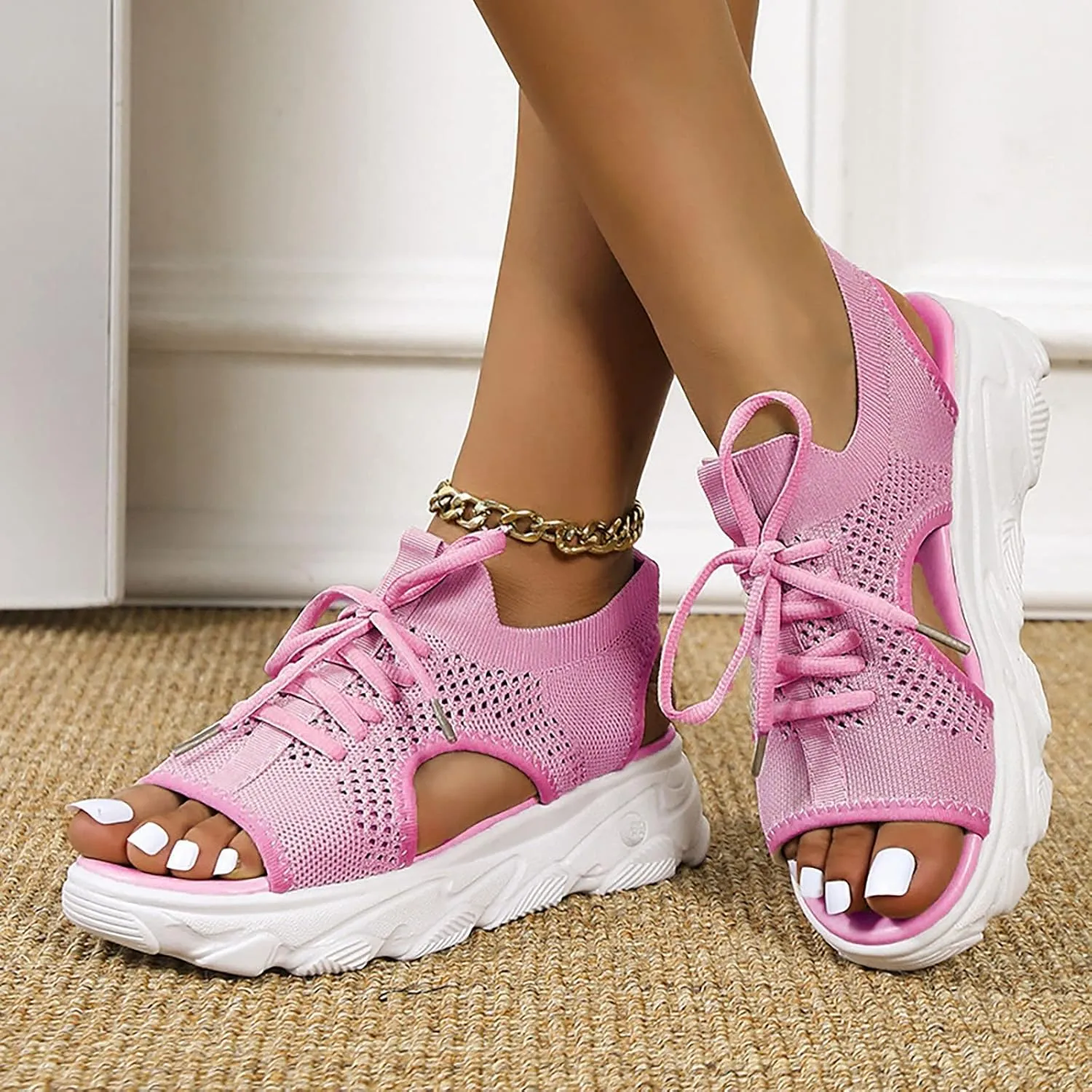 Cathalem Sneaker Sandals for Women Wedges Platform Fish Mouth Sneakers Open Toe Slip on Sandals Lace Up Knit Mesh Walking