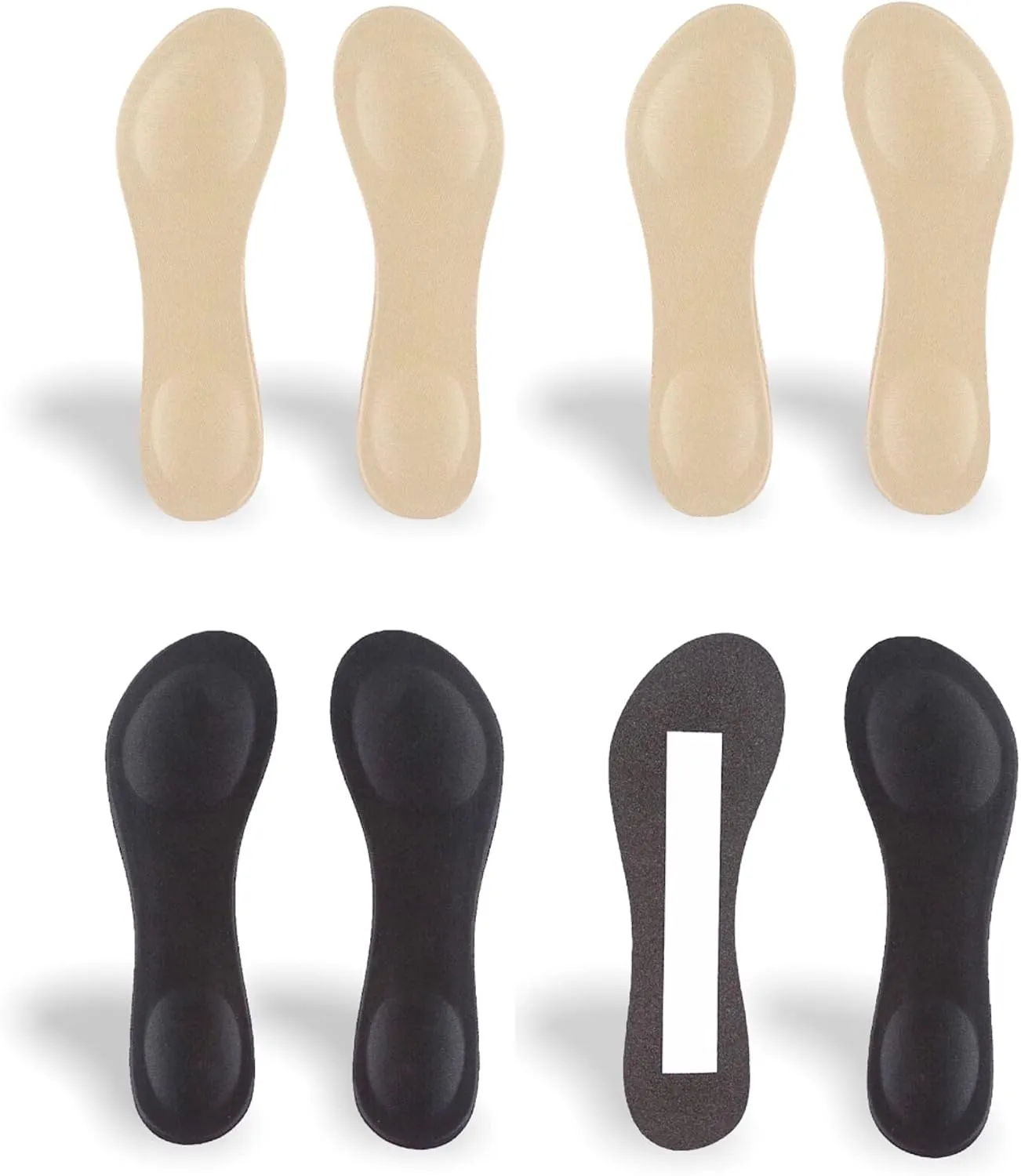 CB 4-Pairs of Cloth Surface Sponge Inserts Invisible Slim Lightweight Insoles Liners, Ball of Foot Pain Relief Cushion, Barefoot Support, 3/4 Length for Women's Shoes 5-7, Style A, Nude & Black