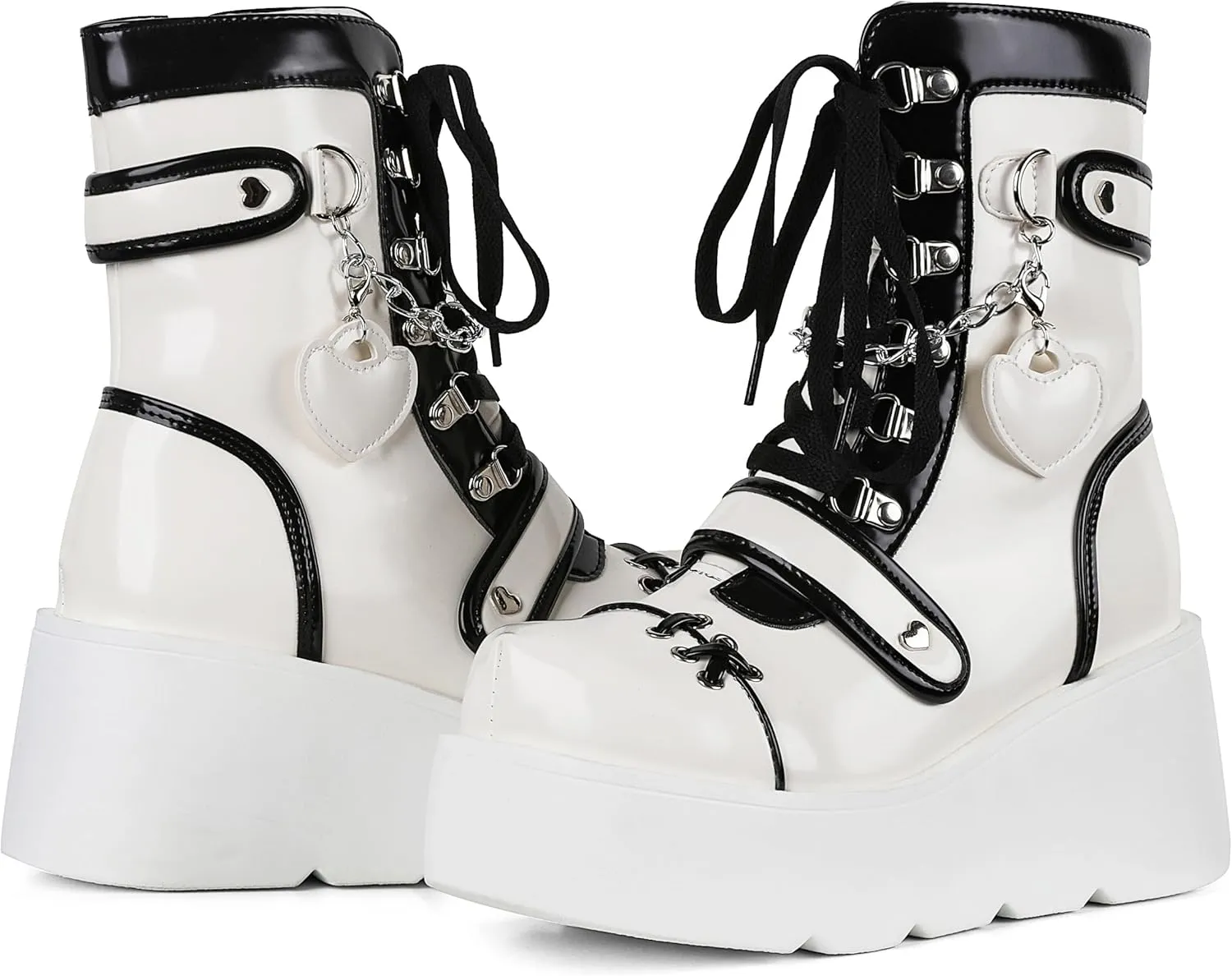 CELNEPHO Platform Ankle Boots for Women Wedge High Heel Booties Goth Round Toe Combat Boots Women Cute Heart Lace Up Rave Boots Outdoor Dress Boots with Chain