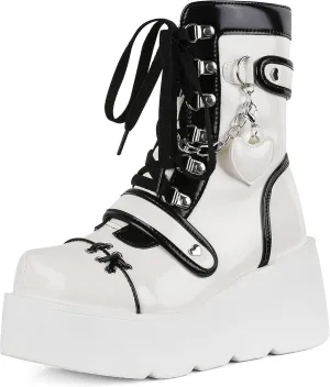 CELNEPHO Platform Ankle Boots for Women Wedge High Heel Booties Goth Round Toe Combat Boots Women Cute Heart Lace Up Rave Boots Outdoor Dress Boots with Chain