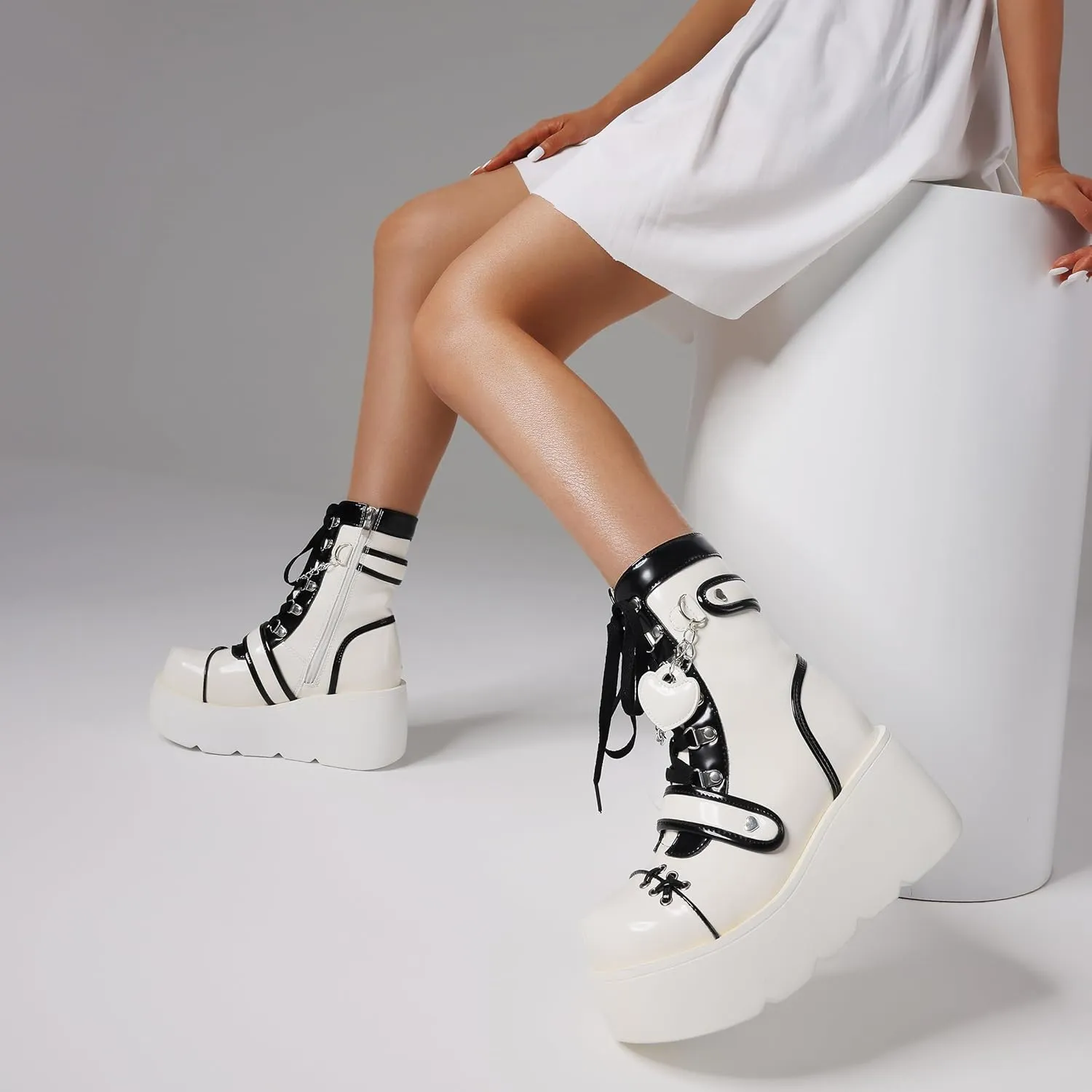 CELNEPHO Platform Ankle Boots for Women Wedge High Heel Booties Goth Round Toe Combat Boots Women Cute Heart Lace Up Rave Boots Outdoor Dress Boots with Chain