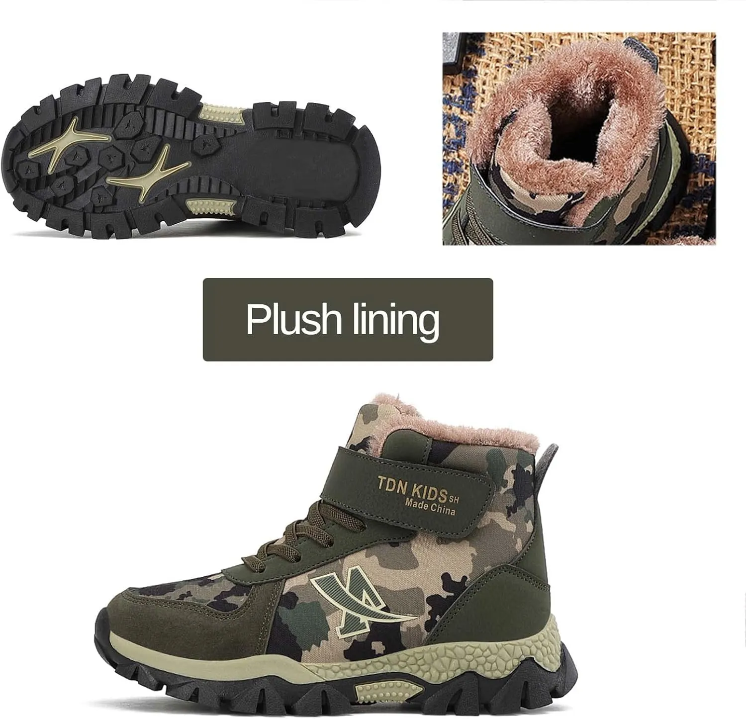 CERYTHRINA Kids Hiking Boots Boys Camouflage Hiking Shoes Warm Winter Snow Boots Anti-skid Adventure Trekking Shoes