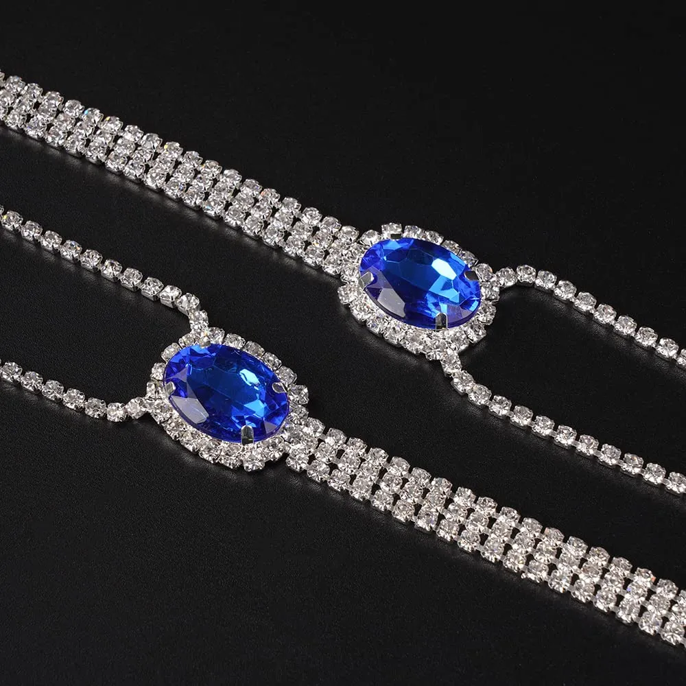 Chargances Boho Crystal Foot Chain with Toe Ring Blue Rhinestone Barefoot Sandals Ankle Bracelet Beach Wedding Tennis Ankle Chain Jewelry for Women(1 Pair) (Blue)