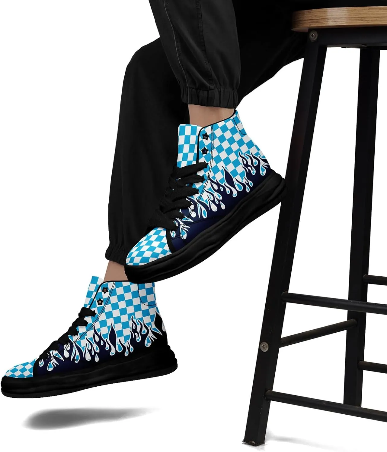 Checkered Flame High-Top Platform Sneakers, Custom Chunky Elevated Canvas Trainers for Streetwear Race Casual Footwear