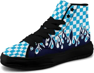 Checkered Flame High-Top Platform Sneakers, Custom Chunky Elevated Canvas Trainers for Streetwear Race Casual Footwear