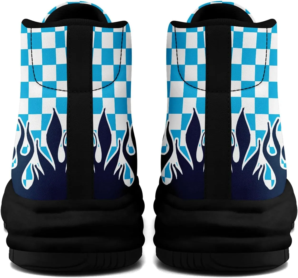 Checkered Flame High-Top Platform Sneakers, Custom Chunky Elevated Canvas Trainers for Streetwear Race Casual Footwear