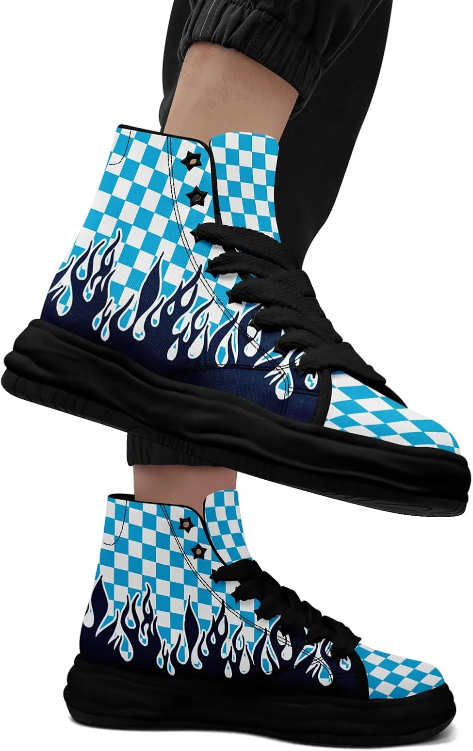 Checkered Flame High-Top Platform Sneakers, Custom Chunky Elevated Canvas Trainers for Streetwear Race Casual Footwear