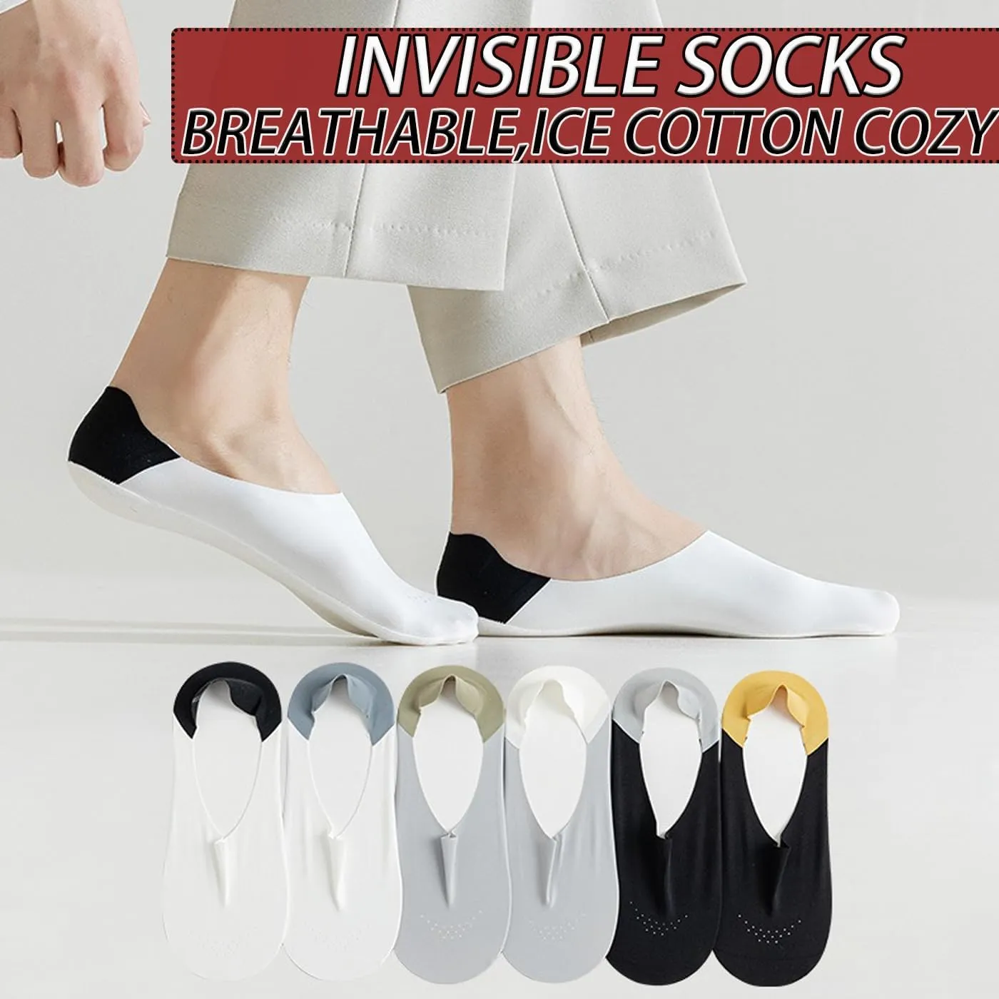 CHUNFO Mens No Show Socks Flat Non Slip Grips Invisible Loafers Sneaker Ice Silk Cotton Sock Footie Size 5.5-11