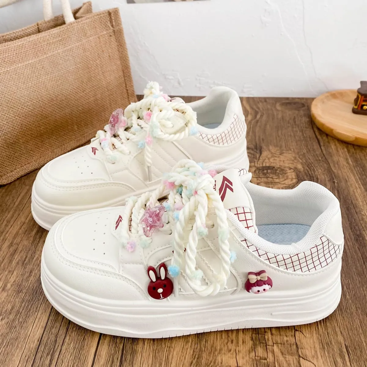 Chunky Platform Sneakers for Women with Charm White Skate Shoes Sport, Travel Casual Walking for Student Back to School