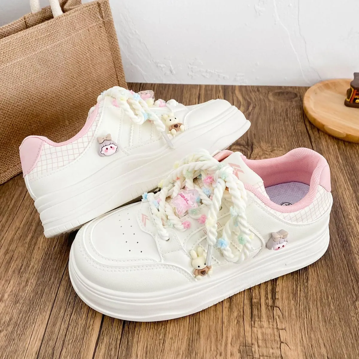 Chunky Platform Sneakers for Women with Charm White Skate Shoes Sport, Travel Casual Walking for Student Back to School