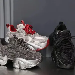 Chunky Sneakers for Women Breathable Lace-Up Walking Sneakers Fashion Rhinestones Casual Shoes
