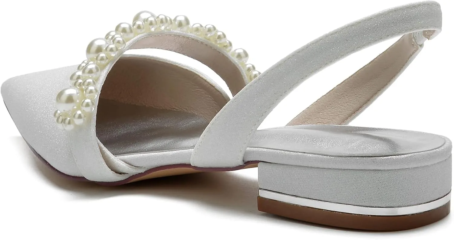 Closed Toe Glitter Satin Pearl Wedding Flats Comfortable Wedding Shoes for Bride Mary Jane Bridal Flats Slip On Evening Prom Party Dress Shoes Pumps for Women