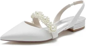 Closed Toe Glitter Satin Pearl Wedding Flats Comfortable Wedding Shoes for Bride Mary Jane Bridal Flats Slip On Evening Prom Party Dress Shoes Pumps for Women