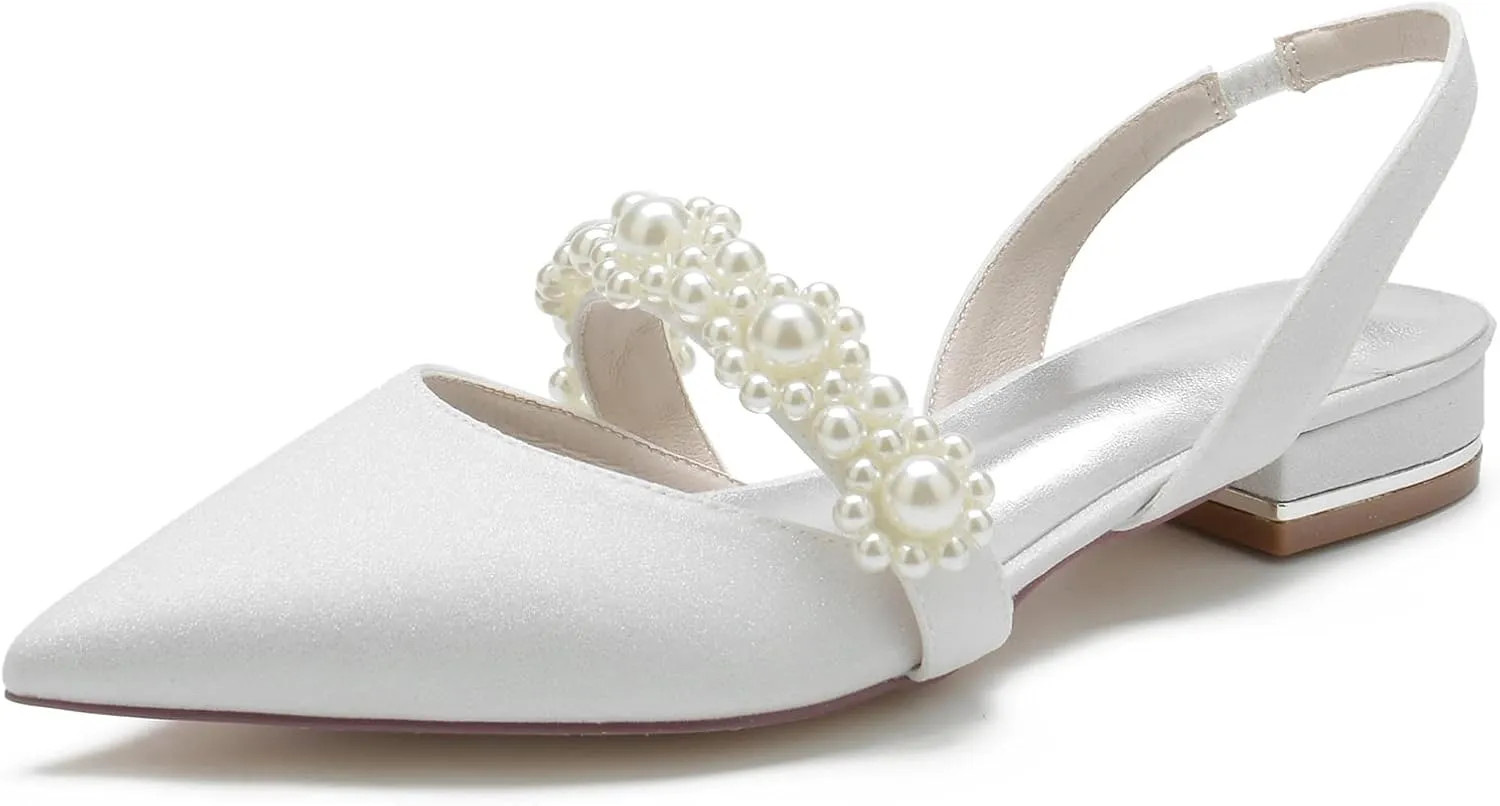 Closed Toe Glitter Satin Pearl Wedding Flats Comfortable Wedding Shoes for Bride Mary Jane Bridal Flats Slip On Evening Prom Party Dress Shoes Pumps for Women