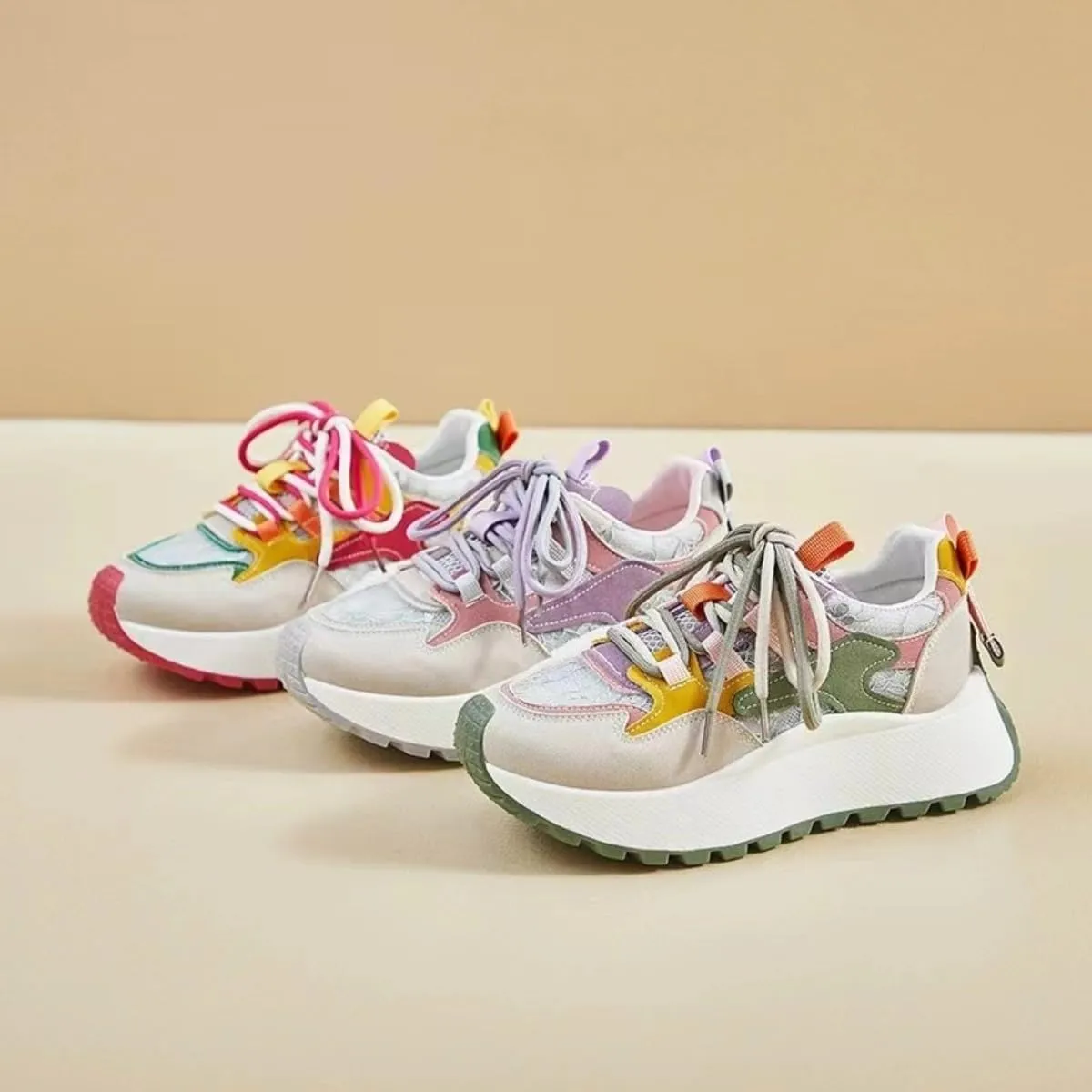 Color-Blocked Chunky Sneakers for Women & Girls Trendy Platform 4.5cm Walking Shoes for Travel & Gifts