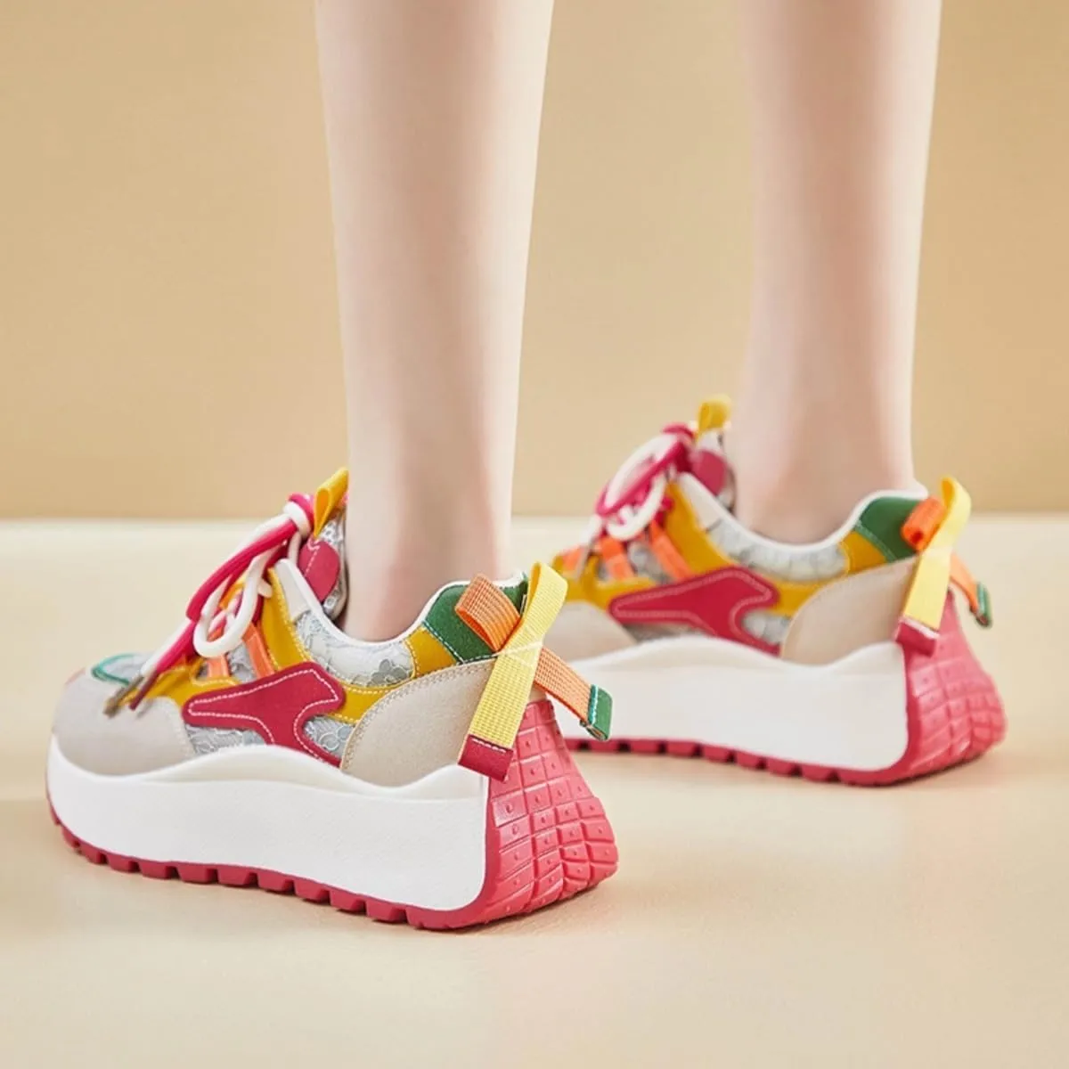 Color-Blocked Chunky Sneakers for Women & Girls Trendy Platform 4.5cm Walking Shoes for Travel & Gifts